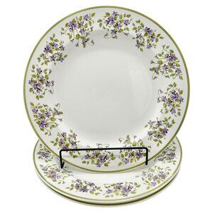 Set Of 3 MSE Dinner Plates 11 inch White With Green Trim & Purple Floral Pattern